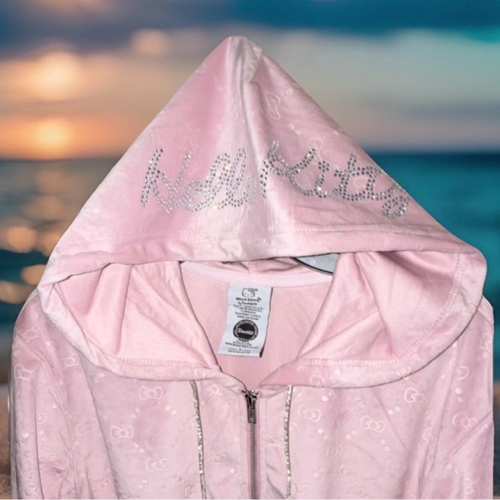 Hello Kitty Sanrio Pink Velour ZIPUP Hoodie W/ Rhinestone Accents SZ XL ~NWT~